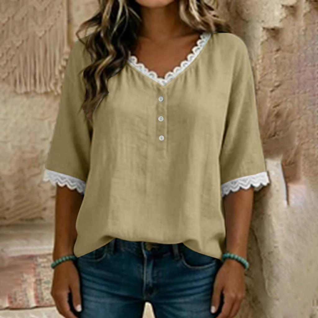Women Short Sleeve Lace Tirm Shirts V Neck Button Shirts Loose Cotton Linen Tops
