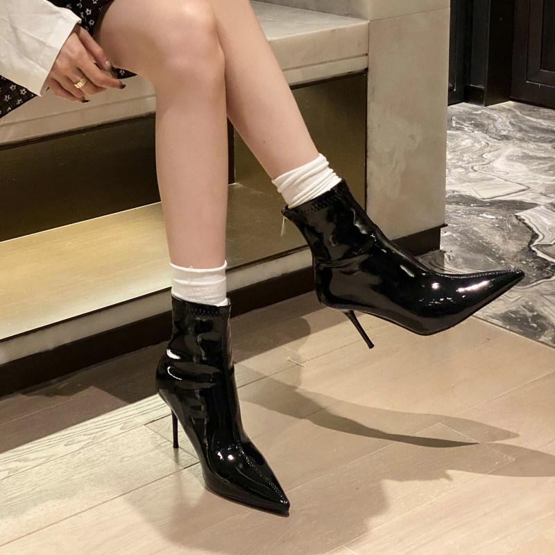 SYLSH European and American style pointed patent leather red short boots women's spring and autumn thin thin heel short tube high heel boots