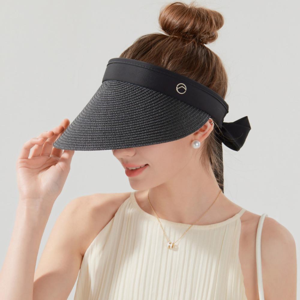 Ribbon Strap Straw Beach Hat Breathable Visor Hat Fashion Empty Top Hat  Summer