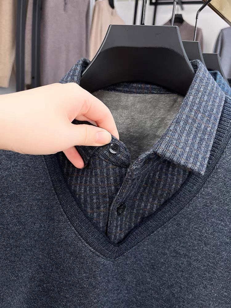 Hengyuanxiang Men's Pure Cashmere Two-Piece Look Thickened Winter Sweater