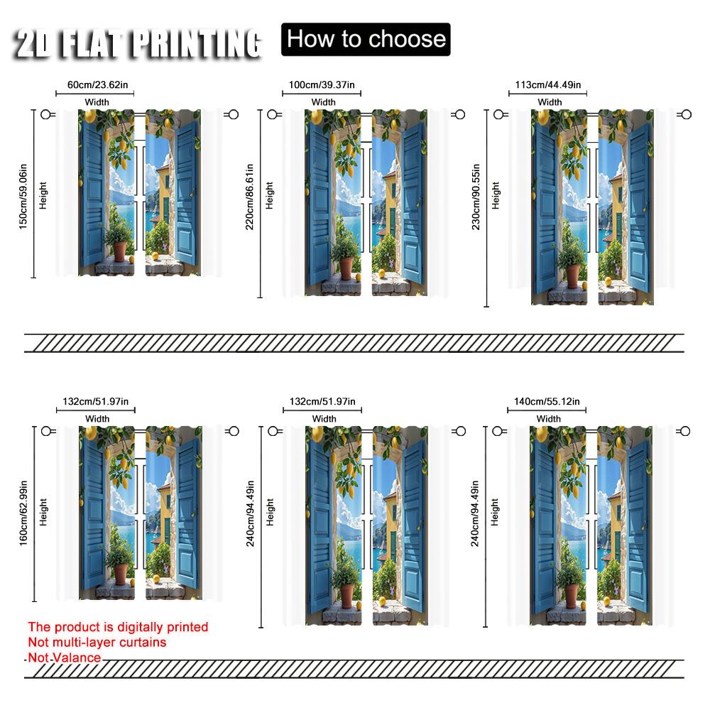 2pcs   spring summer Curtains Mediterranean View Lemon Open Sheer Curtains Versatile Polyester Fabric Decorations For Home Use