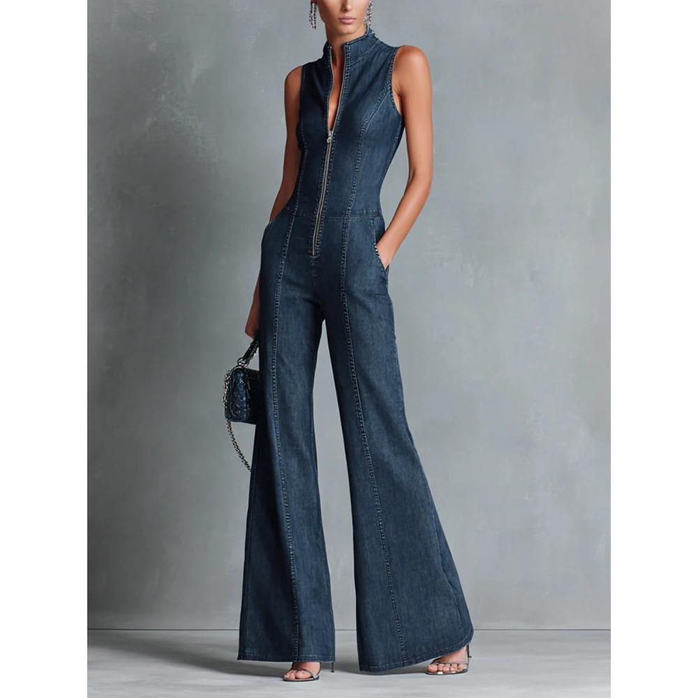 Damen Hochgeschlossener Ärmelloser Schlank geschnittener einfarbiger Reißverschluss vorne Denim Jumpsuit Hohe Taille Ausgestellte Lange Hosen Vintage Pendler Outfit L dunkelblaue