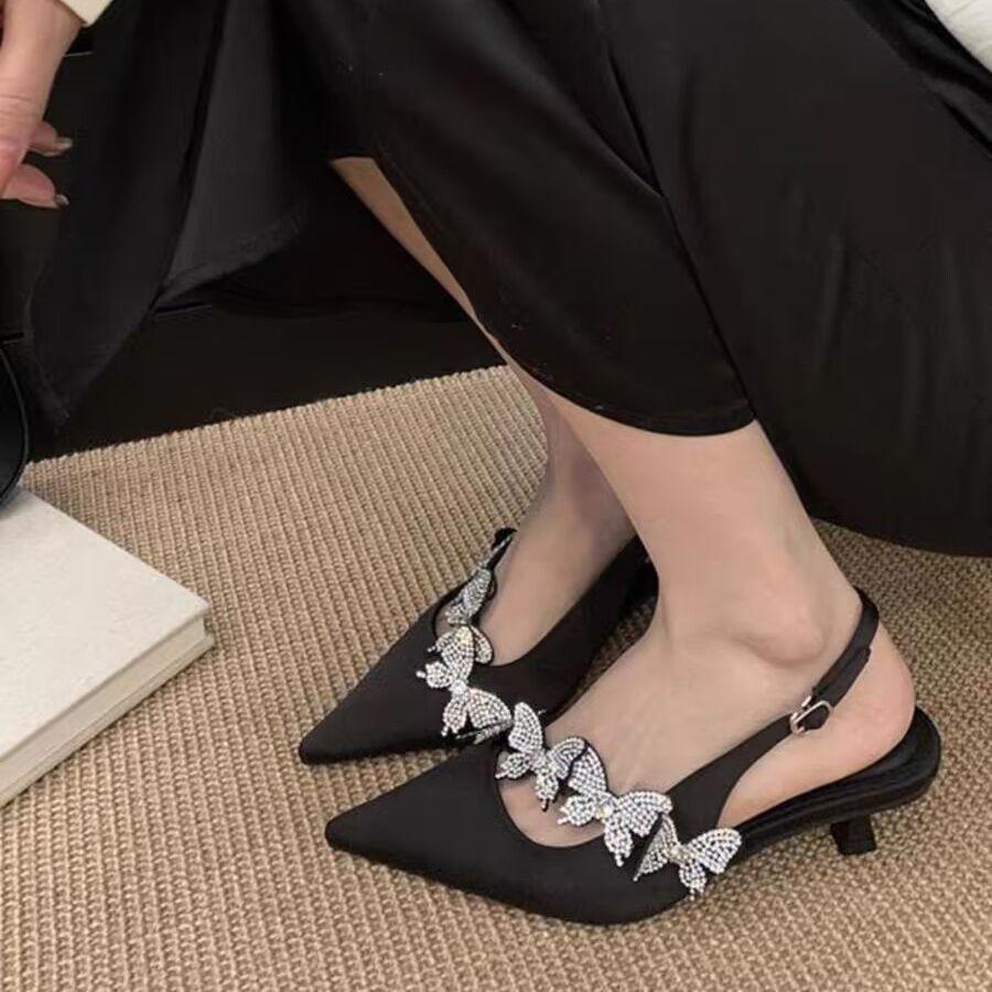 2025 Summer New Chinese Pointed Rhinestone Bag Head Sandals Women's Butterfly Satin High Heels Thin Heel One-word Strap Single Shoes