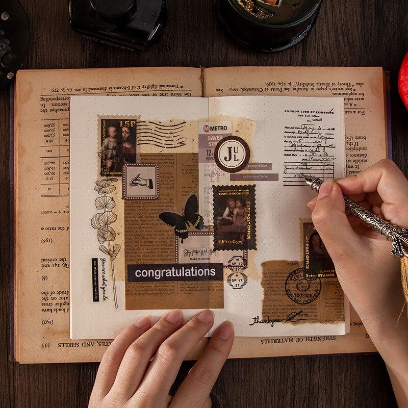 8 Design Retro Art Post Office Series Sticker Dedicated Paper Label PET Album Material Luggage Decoration Sticker
