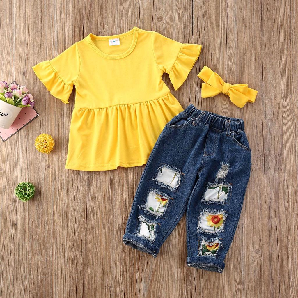 Baby Girl Top, Ripped Jeans, 2Piece Suit Summer Short Ruffle Sleeve