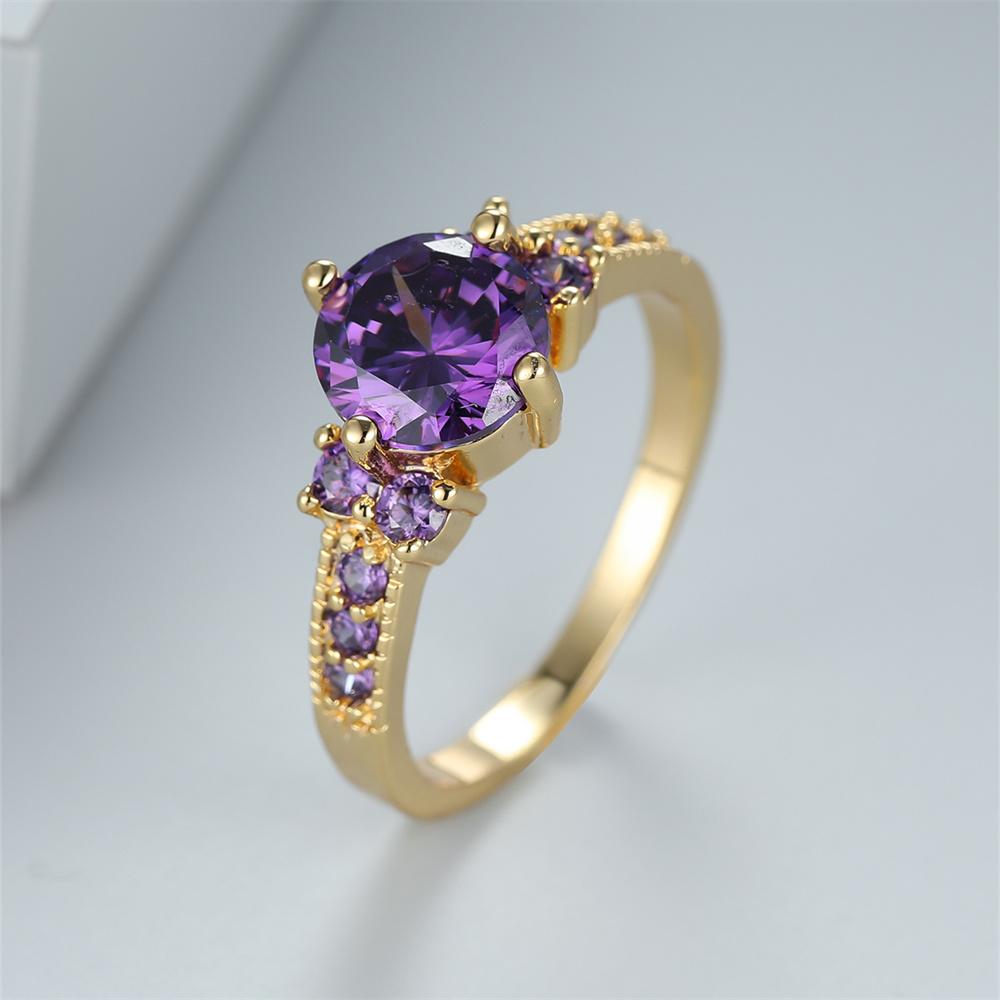 Purple Crystal Round Stone Engagement Rings For Women Vintage Gold Color Wedding Band Charm Birthstone Jewelry Fashion Accessory
