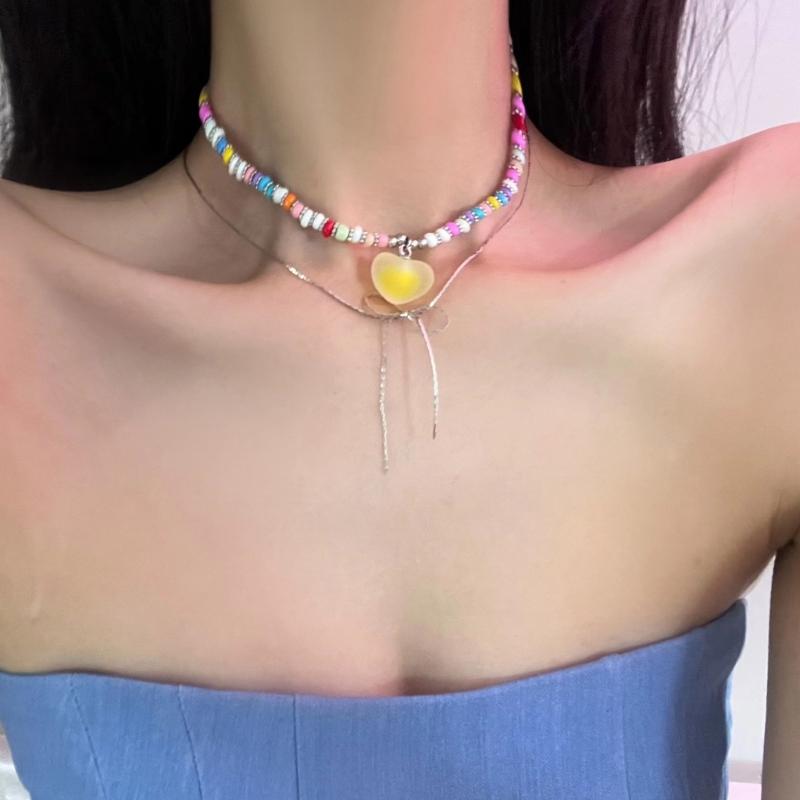 Cute Heart Bead Necklace Heart Charming Choker Chain Jewelry Girls Teen Eye-catching Snake Bone Chain Bowknot Necklace