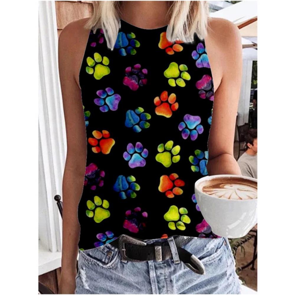 Sexy Leopardenhund Pfote 3D Druck Tanktops Damen Streetwear Sommer O-Ausschnitt Weste Schulterfrei Y2k Ärmelloses Camisole Damenbekleidung