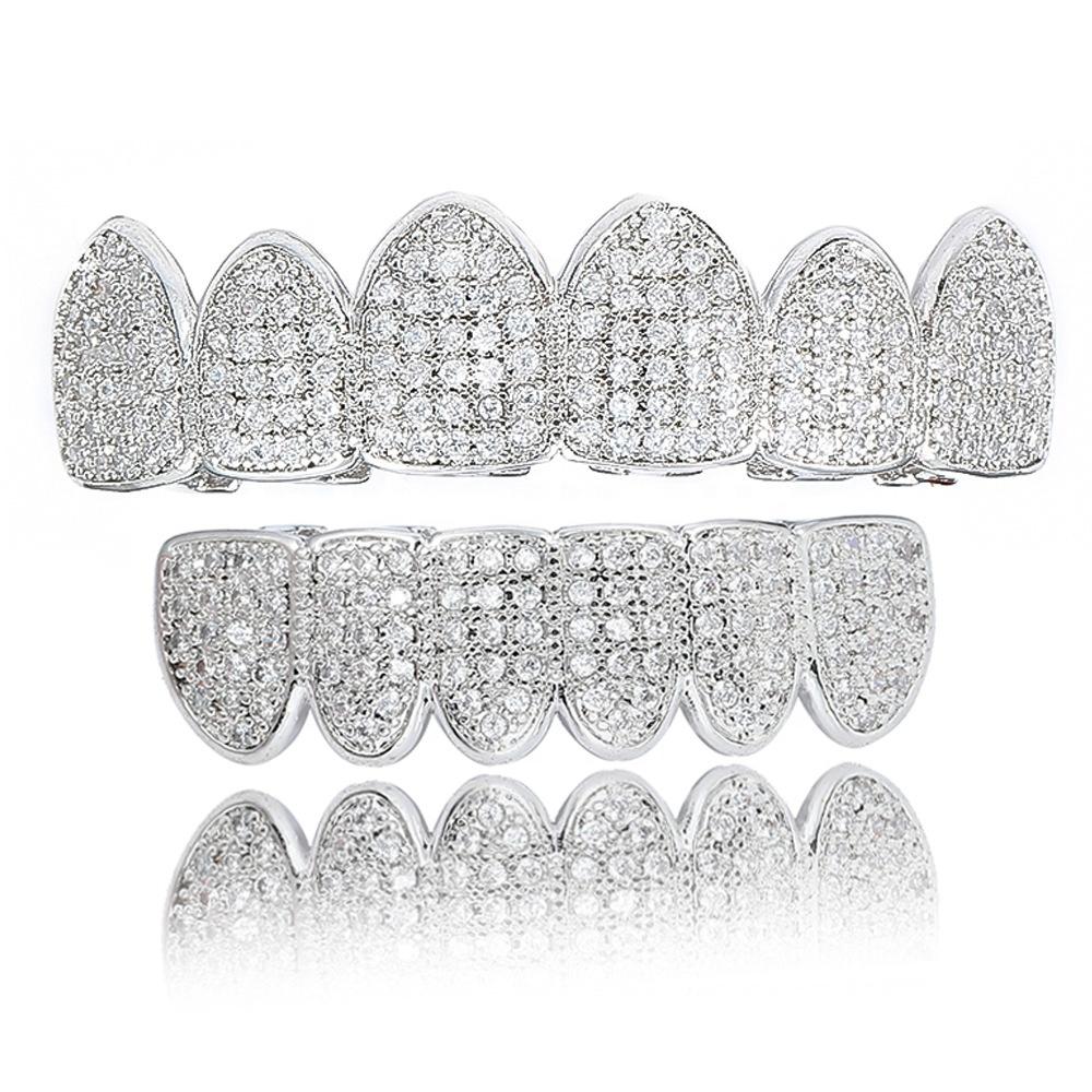 Ice Out Hip Hop Gold Teeth Jewelry Grillz Mouth Teeth Caps Top & Bottom Diamond Zircon Tooth Set Mens Women Vampire