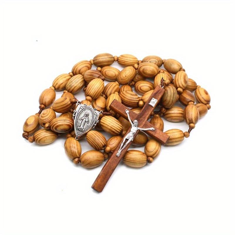 Holzperlen hängen an der Wand Rosenkranz Übergroße Dekoration Religiöser katholischer Kreuz-Kirchen-Rosenkranz Wandrosenkranz