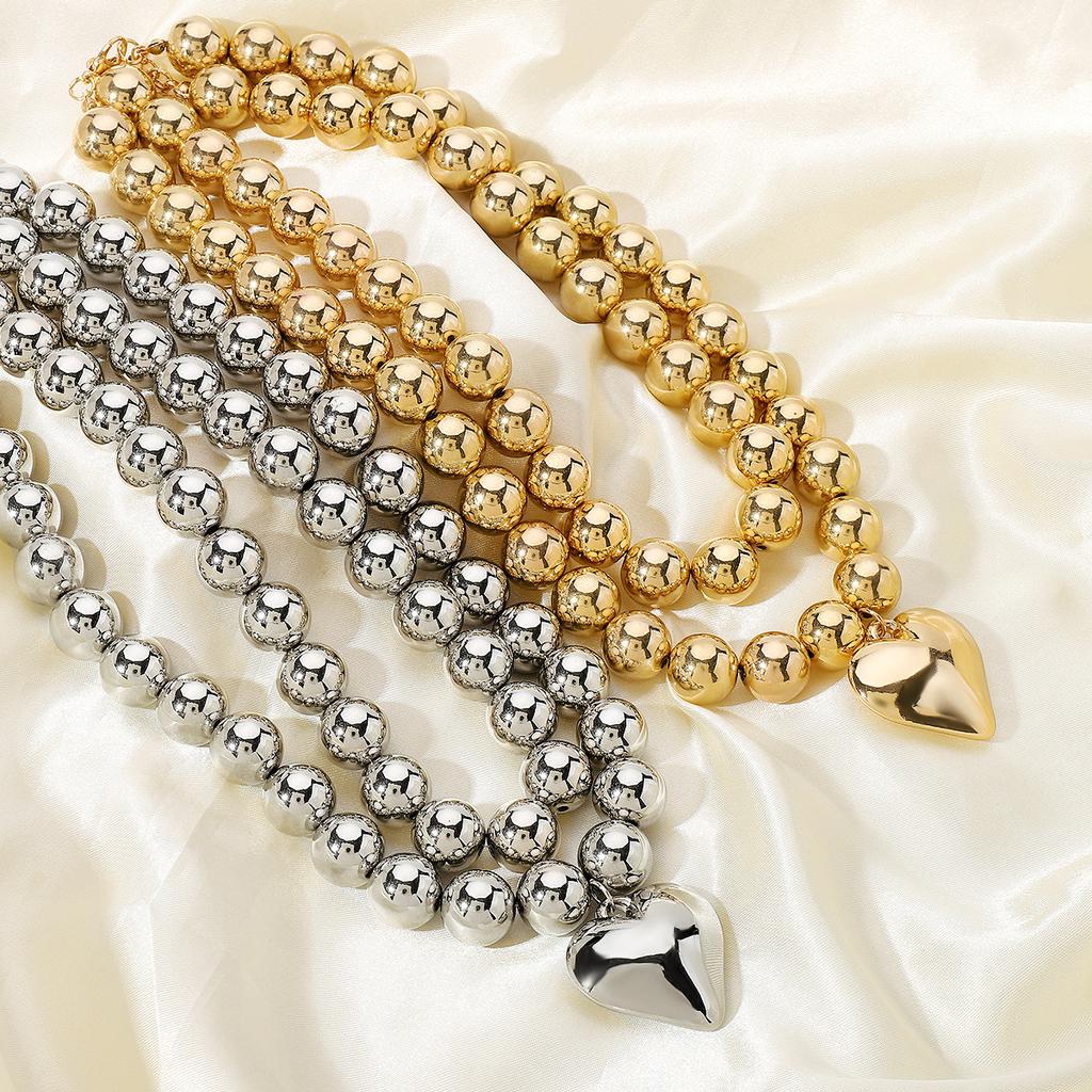 Personality exaggerated cyber style multi-layer round beads stacked necklace, temperament CCB peach heart pendant neck chain