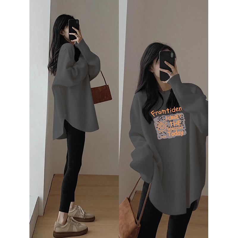 Women's Round Neck Long Sleeve Printed Oversized Korean Style Tunic Top Mid Length Casual Tee for Leggings Matching Outfits