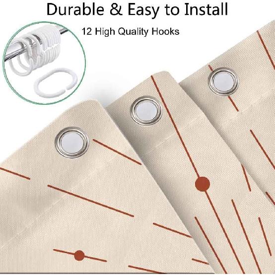 Boho Shower Curtain, Orange Bohemian Mid Century Modern Shower Curtain, Abstract Blue Leaves Plant Grey Minimalist Bathroom Decor Bath Curtain