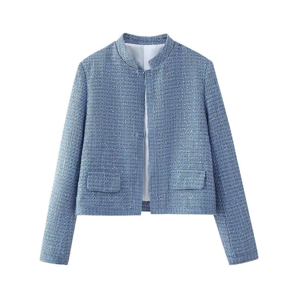 Chaqueta Holgada Dorada de Lentejuelas de Otoño para Mujer Brillante Manga Larga Casual Chaqueta Bomber con Bolsillos Abrigos de Moda Femenina