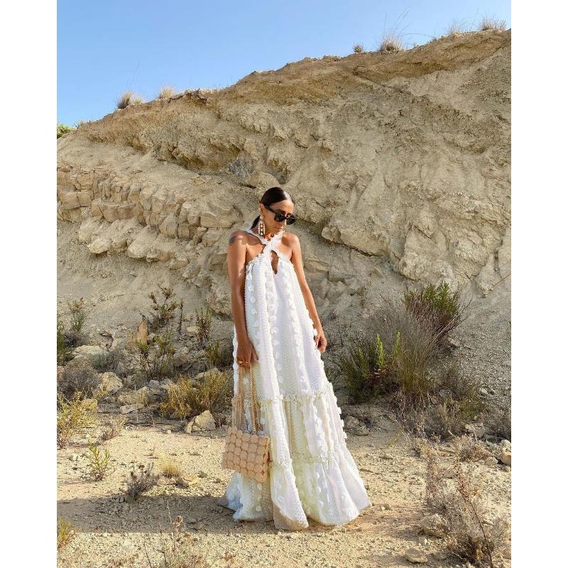women s 3D Floral Applique Halter Neck Ruffle Tiered Loose Fit Maxi Boho Vacation Dress S белый