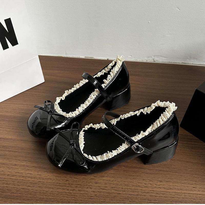Sring Autumn Women Mary Jane Shoes Fashion Butterfly-knot Dress Shoes Ladies Concise Outdoor Thick Heel Leather Shoes