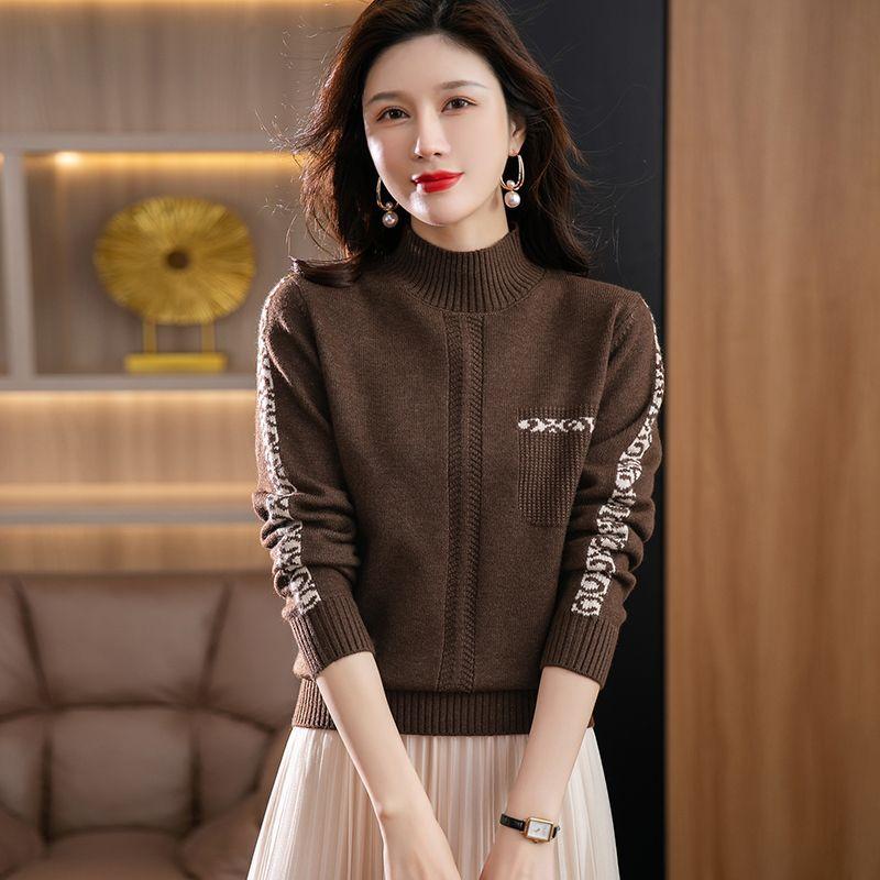 

Теплый свитер с полувысоким воротником для женщин, короткий однотонный вязаный свитер свободного кроя для осени и зимы, повседневный пуловер с длинным рукавом XL коричневый