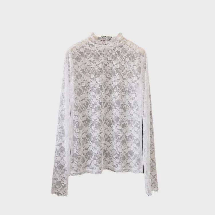2024 Slim Korean Lace Mesh Pullover - Half-High Collar, Skin Color