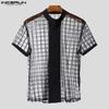 INCERUN Men Short Sleeve Plaid Mesh Sheer Stitching Tops T-shirts