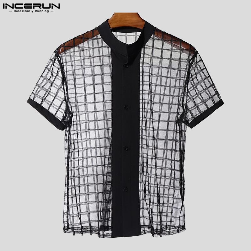 INCERUN Men Short Sleeve Plaid Mesh Sheer Stitching Tops T-shirts