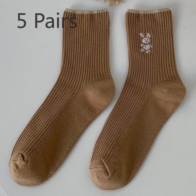 5 Paar Damen Herbst und Winter Neue Baumwolle Lieblich Einfarbig Dünne Streifen Stickerei Hase In Der Röhre Frotteesocken