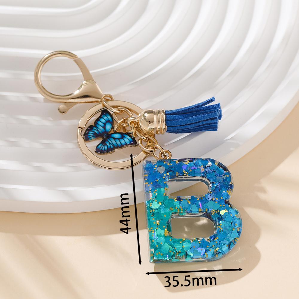1pc Alloy Alphabet Initial Keychain Royal Blue Butterfly & Tassel Letter Keychain for Backpack Charm Accessory Key Ring Findings