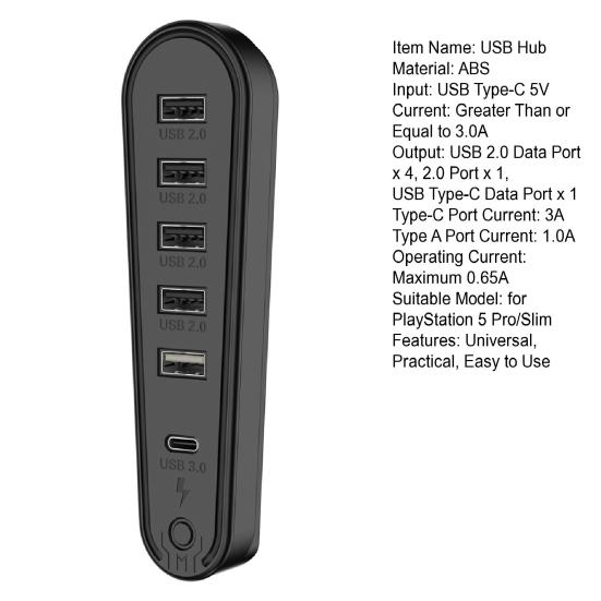 6-Port USB-Hub mit RGB-Licht Plug-and-Play Datenübertragung Benutzerfreundlicher USB-Erweiterungshub für PS 5 Pro/für PS5 Slim
