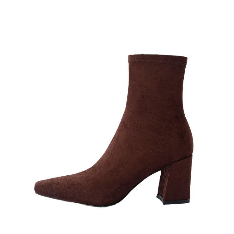 Intellectual Elegance Commuter High Heel Thin Boots 2025 Autumn and Winter New Small Square Head Side Zipper Elastic Bag Legs Short Boots Women