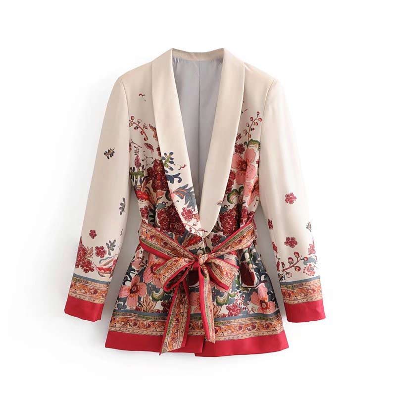 Sady kalhot s květinovým potiskem Žena Retro Květinové sako Sady Kancelářské Dámské Blazer se šněrováním Kabát Volné kalhoty Outfity