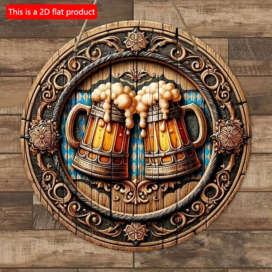 1ks 2D Plochá Oslava Oktoberfestu Znamení - 20cm Kulatá Dřevěná Dekorace Biergarten s Pivními Půllitry a Uvítacím Nápisem Prost - Ideální pro Domov,