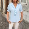 Women's V Neck Blouse, Short Sleeve Lace Trim Casual Flowy Tunic Top
