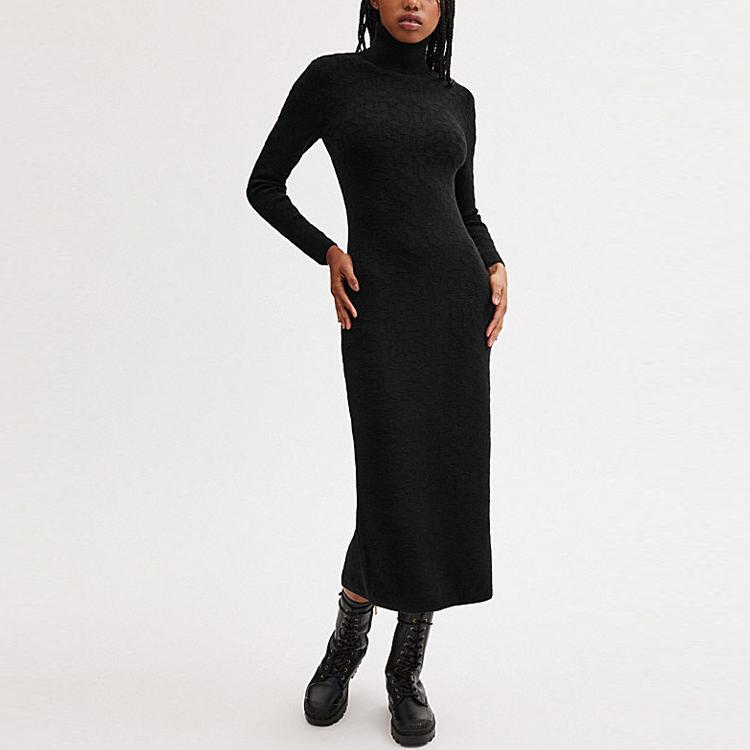 Coach Solid Color Knitted High Neck Long Sleeve Dress Women dresses Black CN706-BLK