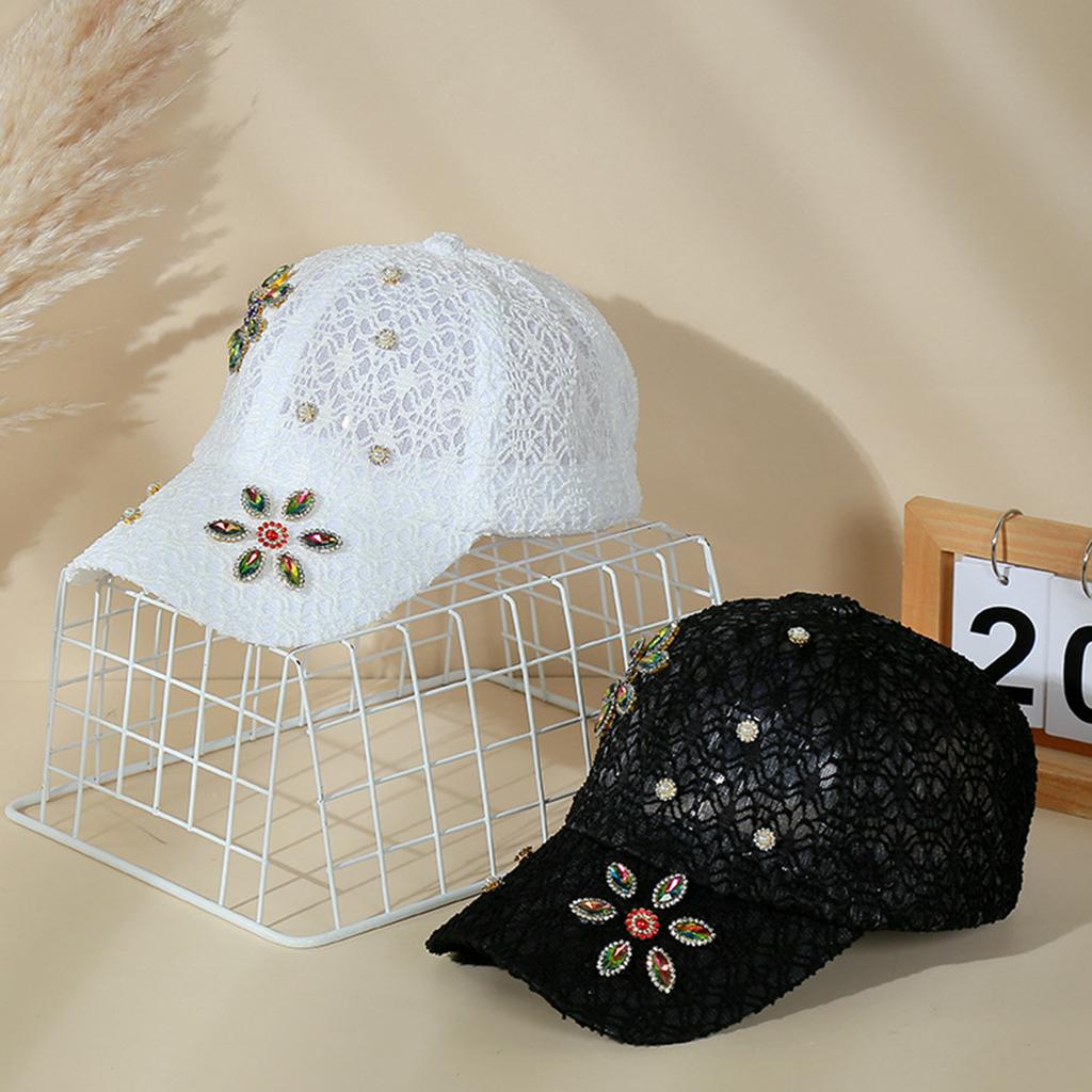 Rhinestone Pearl Flower Lace Baseball Cap, Women Breathable Mesh Adjustable Summer Sun Hat