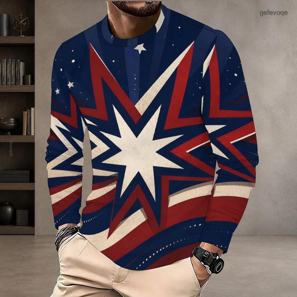 Men S Plus Size Round Neck Long Sleeve Printed T Shirt Red Blue White Casual Pullover