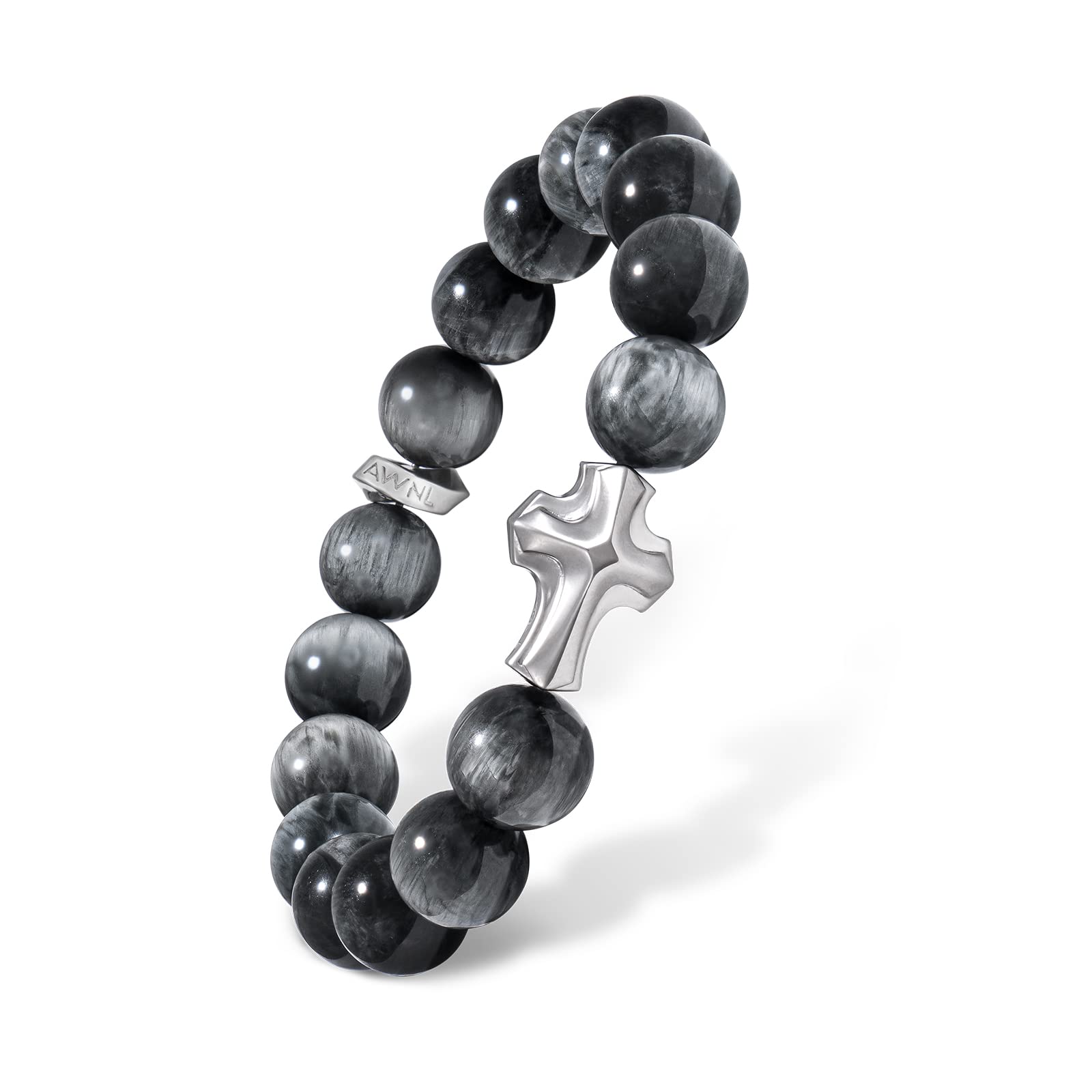 

Gray Hawkseye Bead Bracelet Made of Premium Sterling Silver with Cross Charm Natural Stone Gift for Men Size [AWNL] Men s (10mm Stone) 16-17cm сірий колір