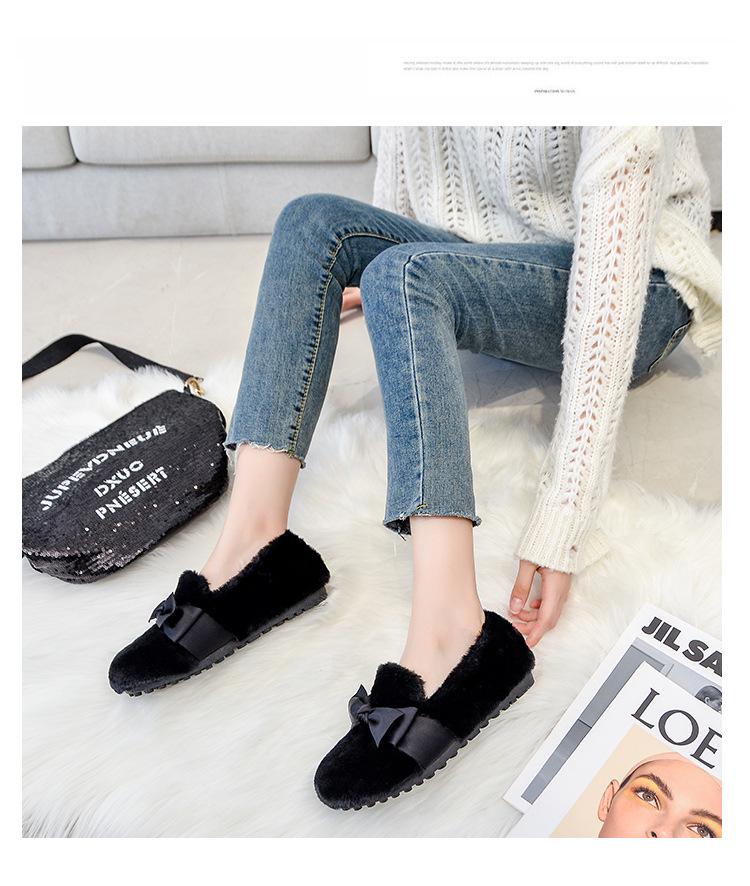 2025 Damen Winter Schleife Kaninchenfell Schuhe: Samtgefütterte Baumwoll-Bohnenschuhe mit dicker Sohle