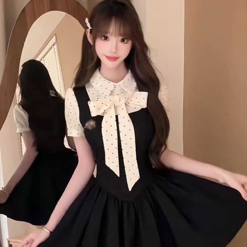 French College Style Fake Two-piece Dress Women's Summer Niche Temperament Polka Dot Fluffy Princess Dress Women's Clothing