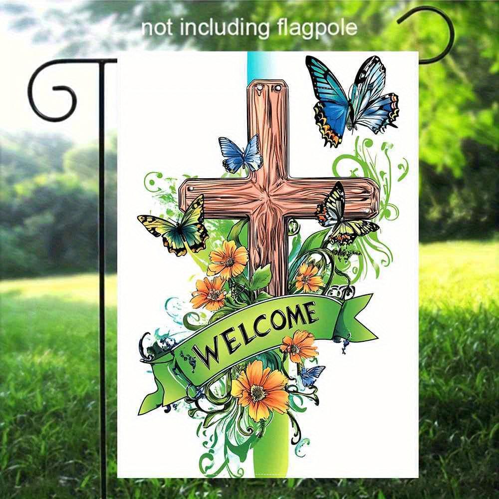 1pc Double-Sided Linen Garden Flag - Vibrant Cross & Butterfly Design, "Welcome" Banner, No Pole Included, Perfect for Outdoor Religious Decor, Butter