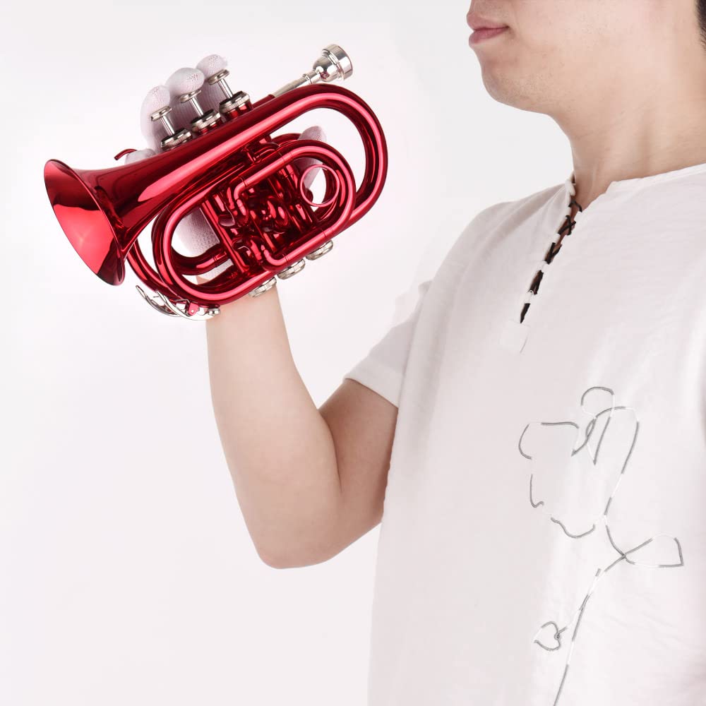 XIXIAN Mini Pocket Trumpet, Bb Flat, Brass, with Mouthpiece, Gloves, Cleaning Cloth, and Carrying Case, 24.5 * 15 * 7.5cm