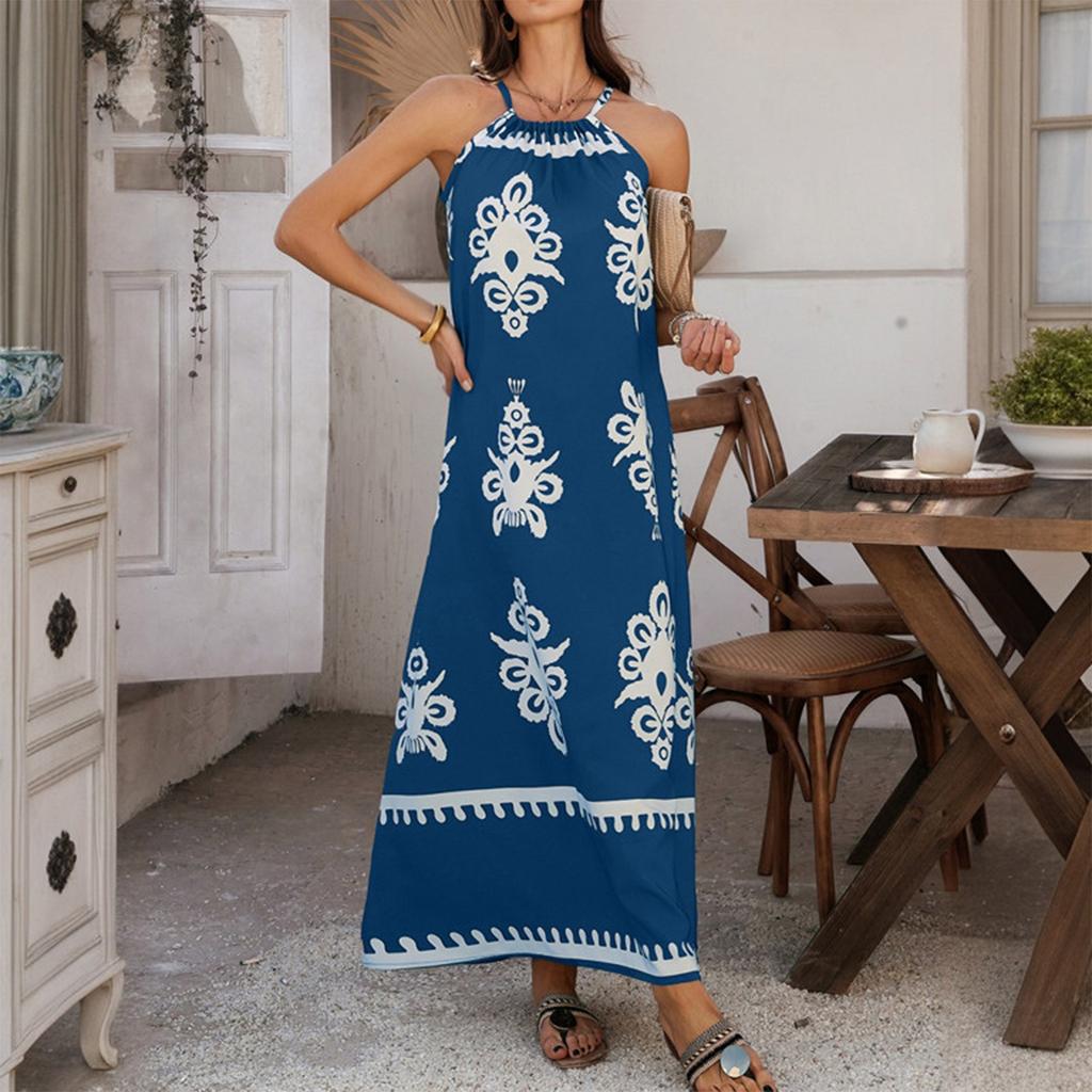 Women's Casual Spring And Summer Loose Printed Contrast Color  Neck Sleeveless Dress