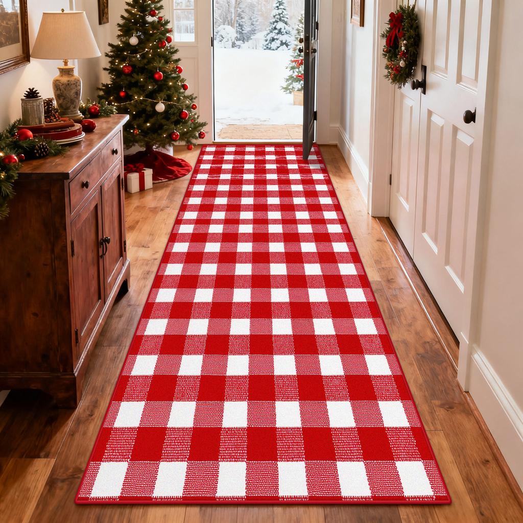 Red Plaid Christmas Runner Rugs Home Decoration Doorway Long Corridor Carpet Customizable Bedroom Easy Clean Foot Mat Non-slip