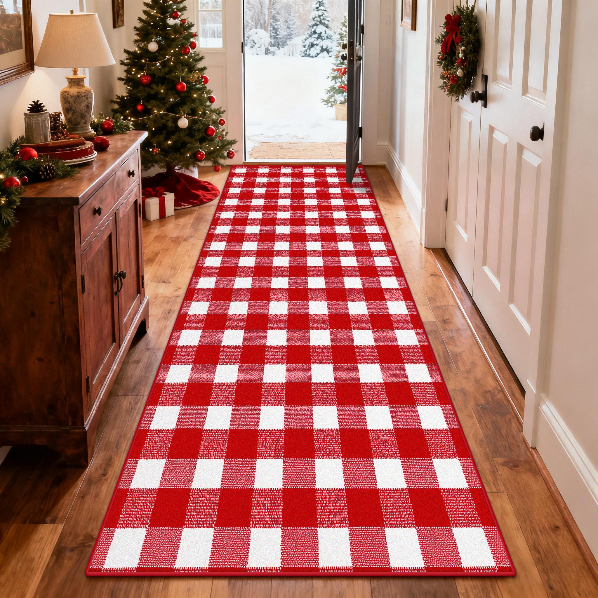 

Christmas Red White Plaid Corridor Runner Rug Modern Fashion Decoration Lint-free Long Carpets Doorway Passageway Non-slip Mat 90x200cm