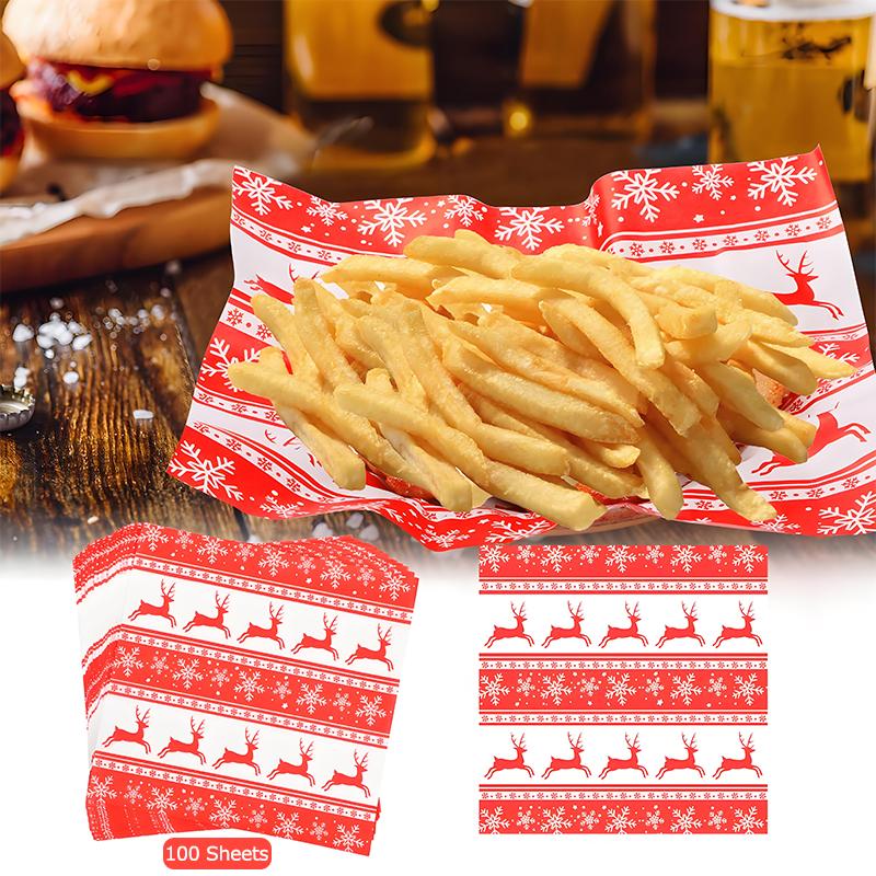 100PCS Christmas Food Parchment Paper Greaseproof Paper Holiday Burger Wrapping Sheets Festive Sandwich Packaging Paper 30x30cm