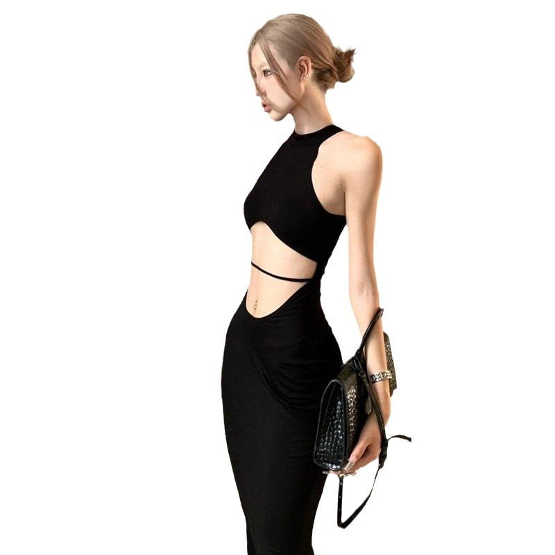 Black Temperament Niche Designer Summer New Vacation Hollow Dress Waist Sexy Sleeveless Split Fork Long
