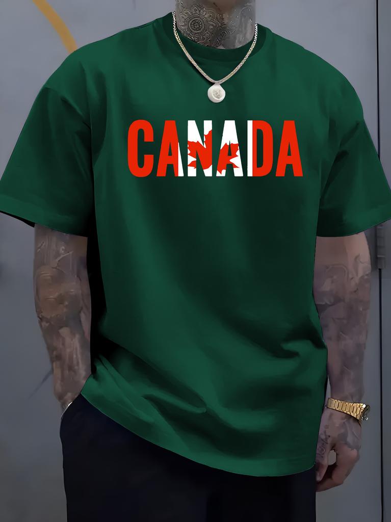 New Unisex Black Crew Neck Tee Bold Canada Letter with Red Maple Leaf Flag Graphic Patriotic Country Pride Soft Cotton Male Tops
