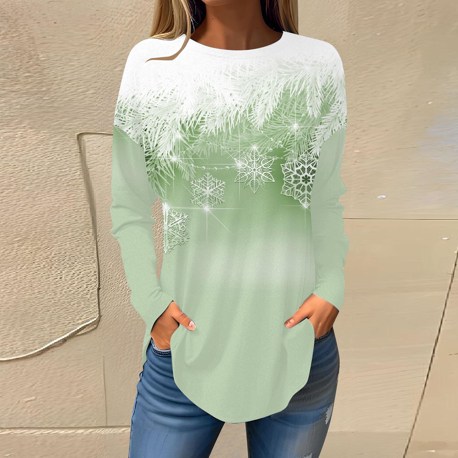 

Футболки для женщин, осенние повседневные рубашки с длинными рукавами, толстовка с ретро-принтом, топ для рождественской вечеринки, пуловер L зелёный