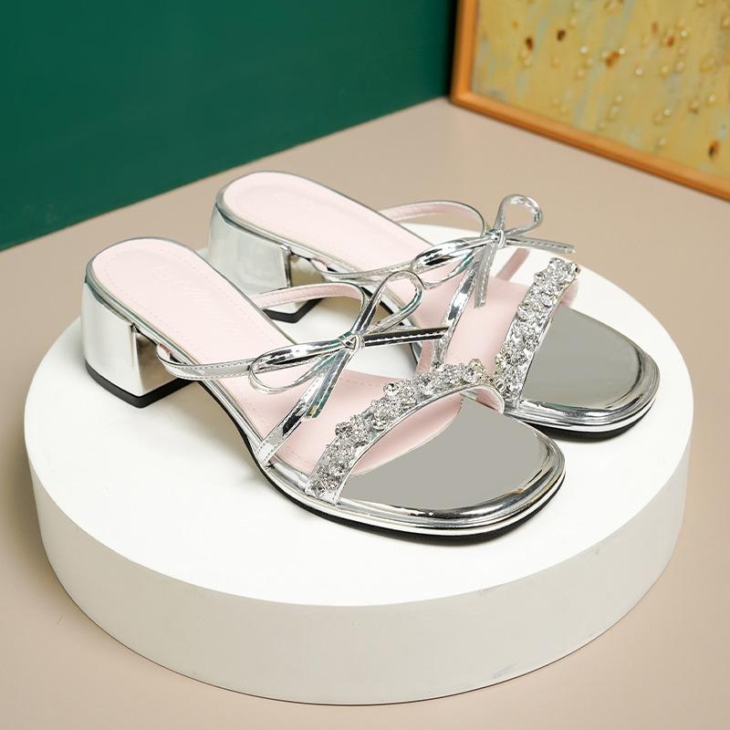 Rhinestone high-heeled slippers women's summer outer wear fashion 2025 new models with skirts fitting room thick-heeled bow slippers