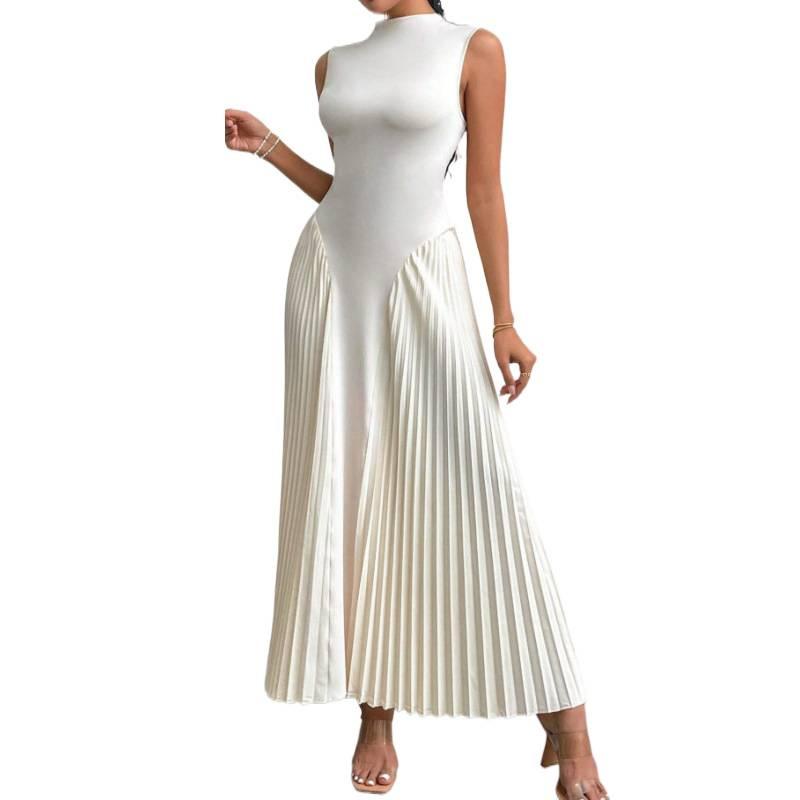 Damen Sommer Ärmellos Hoher Kragen Schmal Geschnitten Maxikleid Elegant Plissiert Abendparty Cocktailkleid für Damen