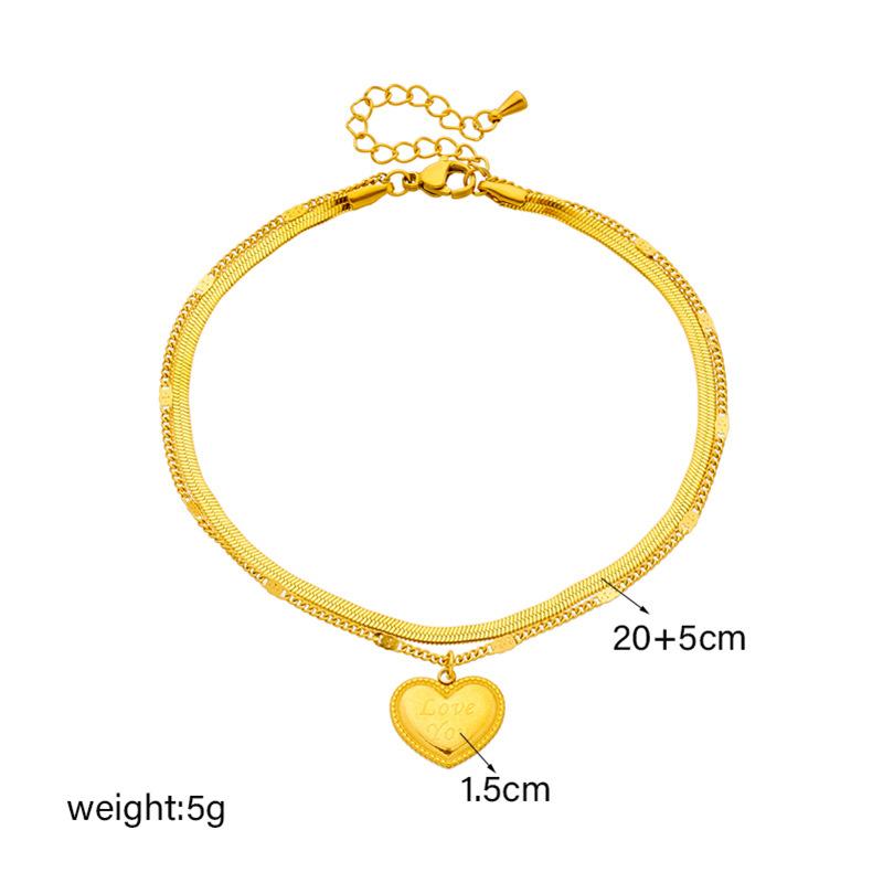 Gold Stainless Steel Double Snake Chain Heart Anklet Women Non-tarnish Puffed Charm