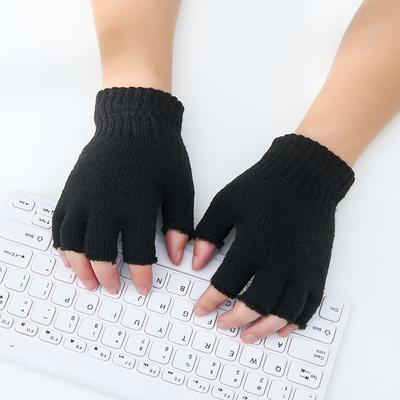 Autumn and Winter New Pure Black Knitted Wool Half Finger Warm Gloves for Men and Half Fingerless Work Writing Gloves for Women